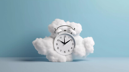 Alarm clock on fluffy white clouds on blue background, time management, Relax time, Generative AI