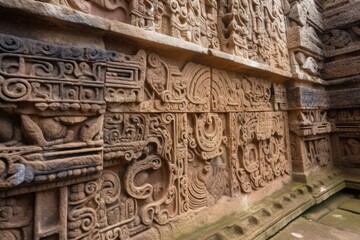 Poster - intricate carvings on ancient stone structure, revealed in close-up, created with generative ai