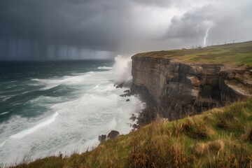 Wall Mural - coastal cliff with view of stormy sea and lightning strikes, created with generative ai