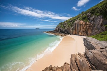 Sticker - pristine beach with clear blue waters and coastal cliff views, created with generative ai