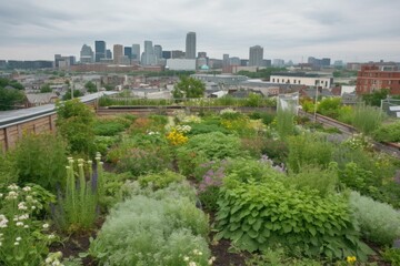 Poster - green rooftop garden, filled with flowers and herbs, providing view of the surrounding city, created with generative ai