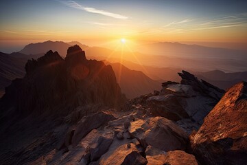 Canvas Print - majestic mountain range with sun rising over the horizon, casting a warm glow, created with generative ai