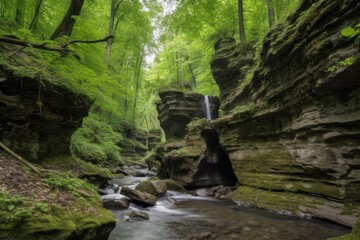 Sticker - natural rock formation with rushing stream, surrounded by towering trees, created with generative ai