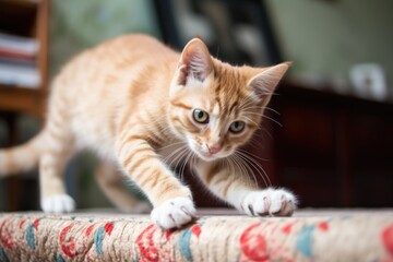 Wall Mural - playful kitten, batting and pouncing on fuzzy toy, created with generative ai