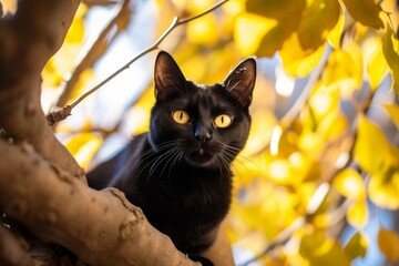 Lifestyle portrait photography of a smiling bombay cat climbing against a beautiful nature scene. With generative AI technology