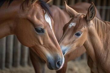  newborn foal, nuzzling its mother's side, created with generative ai