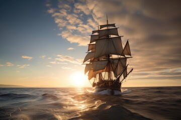 Poster - majestic clipper ship sailing on calm sea, with billowing sails and sun setting in the background, created with generative ai