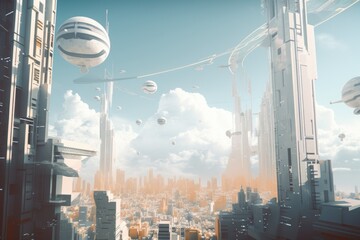 Poster - a futuristic city built using geometric shapes, with towering skyscrapers and flying vehicles, created with generative ai