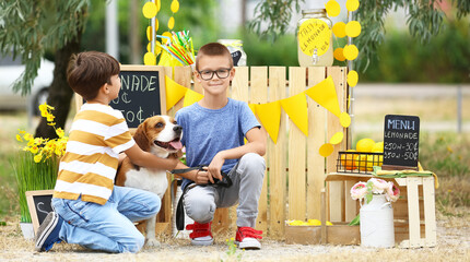 Wall Mural - Cute little children with dog near lemonade stand in park