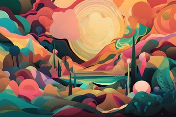 Sticker - abstract and surreal landscape with vivid colors and shapes, reminiscent of a dream, created with generative ai