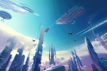 Wall Mural - abstract and surreal landscape with futuristic cityscape of towering skyscrapers, flying cars, and a