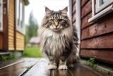 Fototapeta  - Full-length portrait photography of a curious norwegian forest cat skulking against an appealing front porch. With generative AI technology