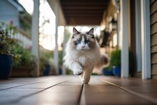 Medium Shot Portrait Photography Of A Smiling Ragdoll Cat Running Against An Appealing Front Porch. With Generative AI Technology