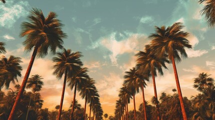 Wall Mural - A painting of palm trees against a sunset sky. Created with Generative Ai Technology