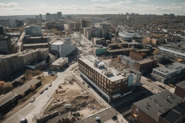 Wall Mural - drone shot of city landscape, with buildings and people bustling in the foreground, created with generative ai