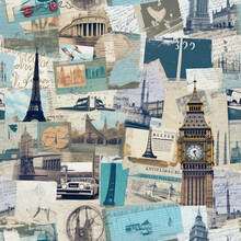 Travel Themed Collage Scrapbook Moodboard Seamless Repeat Pattern [Generative AI]
