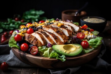 Wall Mural - colourful chicken caesar salad with blackened chicken, avocado, and cherry tomatoes on a bed of lettuce, created with generative ai