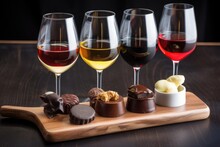 Chocolate Wine Flight, Featuring Red, White And Dessert Wines Paired With Decadent Chocolate, Created With Generative Ai