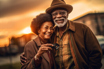 Wall Mural - Portrait of elderly couple couple on city street during sunset. Generative AI.