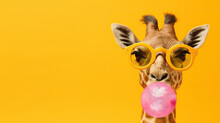 Cute Giraffe With Bubblegum In Trendy Yellow Sunglasses, Isolated On Yellow Background With Copyspace. Generative AI