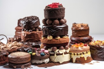 Wall Mural - pile of chocolate cakes, with different toppings and fillings, created with generative ai
