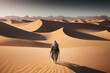 The traveler walks through the endless desert. The Bedouin walks along the desert dunes. generative AI