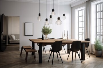 Wall Mural - minimalist dining room, with sleek lighting and simple decor, created with generative ai