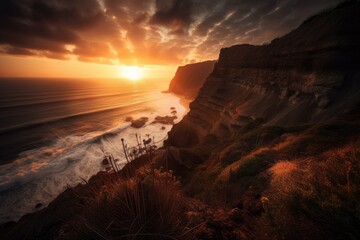 Canvas Print - coastal cliffs with dramatic sunset in the background, casting warm and vibrant colors, created with generative ai