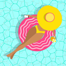 Woman On Swimming Rubber Ring Vector Concept. Tanned Girl With Phone, Hat, Drink, Bikini Swimsuit Top View On Blue Wave Water Background. Relaxing, Summer Remote Working Character At Sea, Beach, Pool