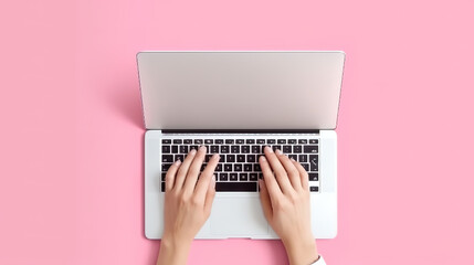 Banner of laptop and young man hands with copy space in white color background. Generative Ai