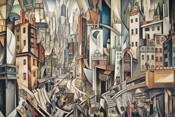 Sticker - cubist painting of bustling cityscape, with towering skyscrapers and crowded streets, created with generative ai