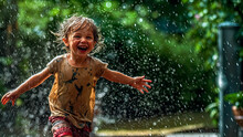 Child Runs Through A Sprinkler, Laughing And Getting Soaked, Summer Vibe, Generative AI