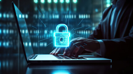 businessman's using laptop shows a lock icon. Internet network cyber security concept. Generative Ai
