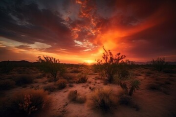 Wall Mural - desert sunset, with dramatic sky and vibrant colors, created with generative ai