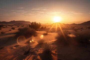 Sticker - desert sunrise, with the sun peeking over the horizon and casting a warm glow on the landscape, created with generative ai