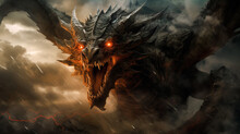 A Dragon In Battle With Fierce Eyes And Bared Teeth Amidst A Stormy Sky. Generative AI Technology.