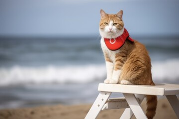 Poster - cat lifeguard sitting on beach chair, keeping an eye out for trouble, created with generative ai