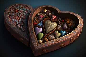 Sticker - heart-shaped box filled with chocolates of various flavors and textures, created with generative ai