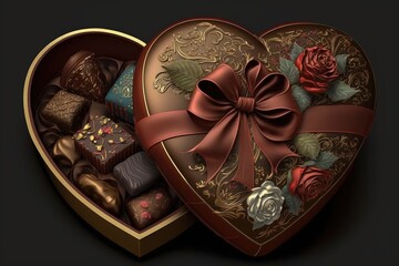 Sticker - heart-shaped box of assorted chocolates or truffles, with a ribbon and bow on top, created with generative ai