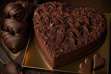 Wall Mural - heart-shaped chocolate cake, surrounded by a border of chocolate curls and filled with creamy ganache, created with generative ai