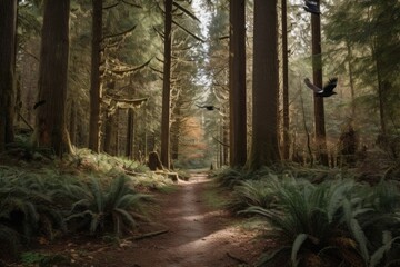 Poster - hiking trail through forest with towering trees and flying birds, created with generative ai