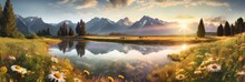Panorama Of A Mountain Landscape During Sunset With A Lake And Flowers In The Foreground (Generative AI, Generativ, KI)