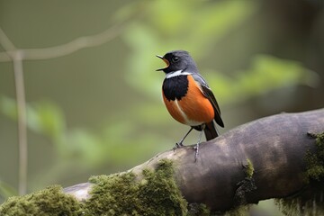 Wall Mural - male redstart bird perching on tree branch, singing its heart out, created with generative ai