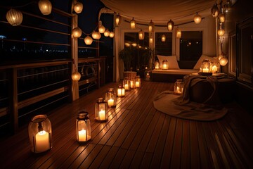 Sticker - serenity deck with chaise lounges, candles, and lanterns for a romantic evening, created with generative ai