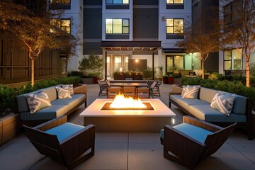 Sticker - outdoor lounge area with plush seating and firepit for cozy evenings, created with generative ai