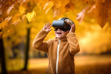 Poster - Studio portrait photography of a satisfied mature boy playing with virtual reality mask against an autumn foliage background. With generative AI technology