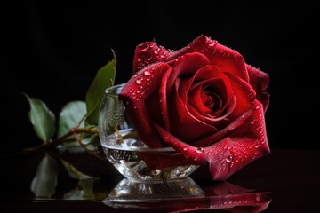 Wall Mural - red rose in a glass vase with droplets of water, created with generative ai