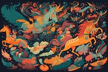 Retro And Vintage Psychedelic Poster With Flying Magical Creatures, Unicorns, And Other Mythical Beasts, Created With Generative Ai