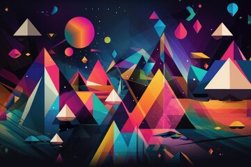 Wall Mural - psychedelic poster of colorful geometric shapes floating in space, created with generative ai