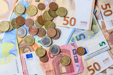 Wall Mural - 10,20, 50 euro bills and coins as background 13